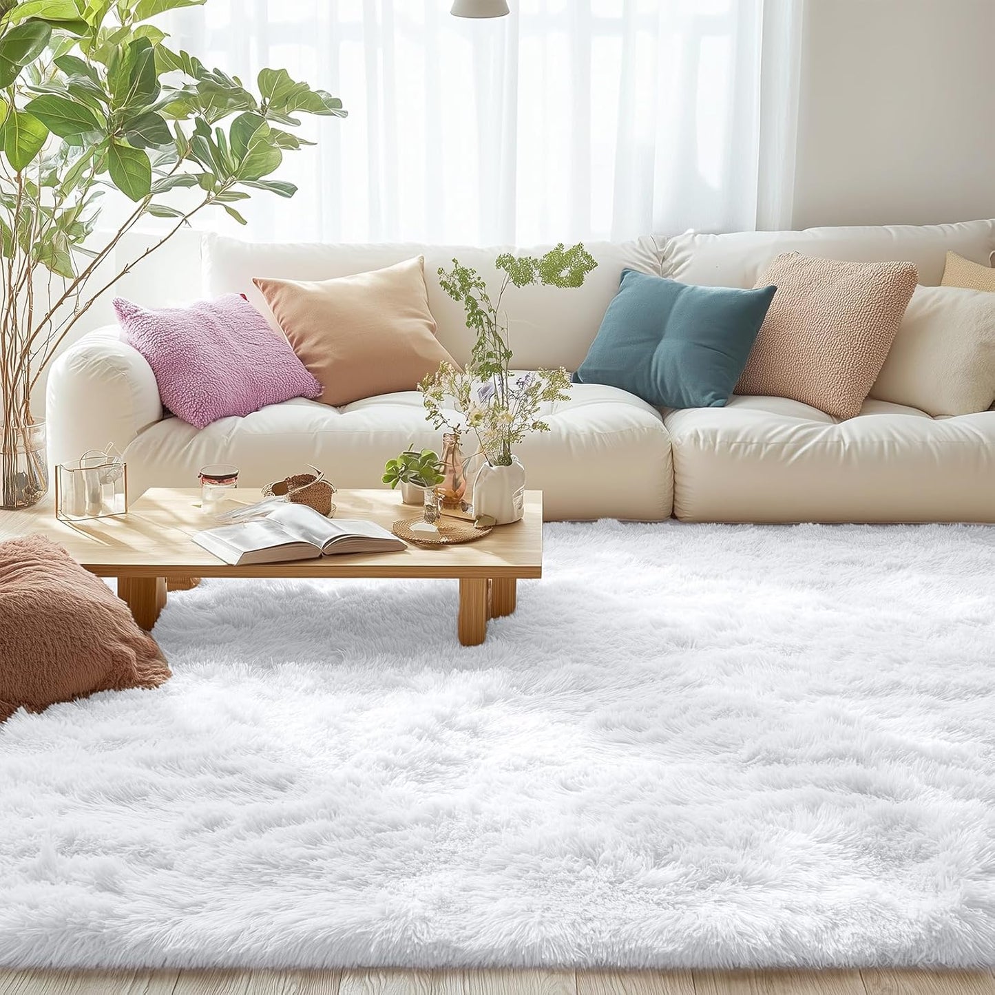 OLANLY 5x5 Area Rug - Soft, Fluffy Shaggy Design for Living Room & Bedroom | Machine Washable, White