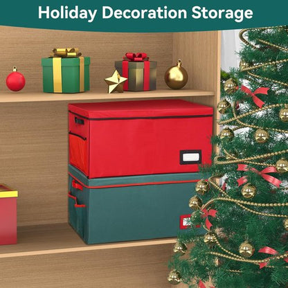 Christmas Ornament Storage Box - Stackable Organizer with Lid & Pockets | 8 Trays, Red