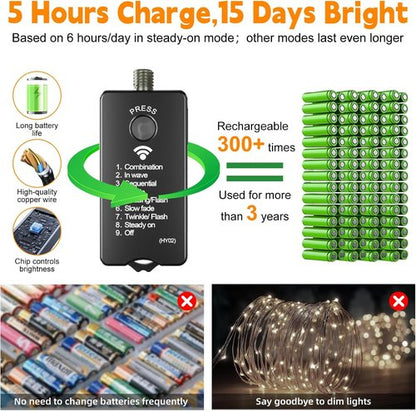 HXWEIYE 300L Curtain Lights - 100 LED Rechargeable Outdoor Fairy Lights with Remote & Timer | 2 Pack