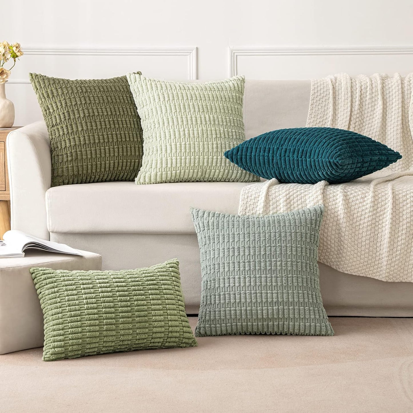MIULEE Euro Sham Pillow Covers - Soft Boho Striped Corduroy | Pack of 2, 24x24 Inch, Olive Green