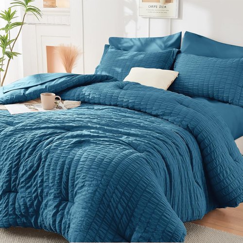 HYMOKEGE Teal Queen Comforter Set - 7-Piece All-Season Luxury Bedding Set with Sheets & Pillowcases