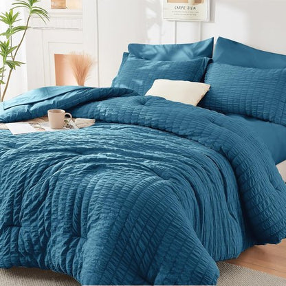 HYMOKEGE Twin Comforter Set - Teal Seersucker 5-Piece Luxury Bedding Set | All-Season Comforter, Sheets & Pillowcase