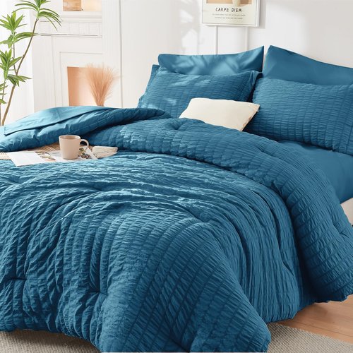 HYMOKEGE Teal Queen Comforter Set Seersucker 7 Pieces, All Season Luxury Bed in a Bag for Bedroom, Bedding Set with Comforters, Sheets, Pillowcases & Shams