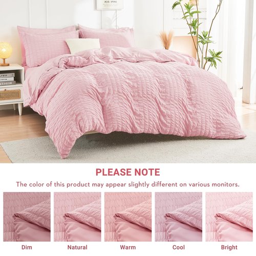 HYMOKEGE Pink Twin Comforter Set Seersucker 5 Pieces, All Season Luxury Bed in a Bag for Bedroom, Bedding Set with Comforters, Sheets, Pillowcase & Sham