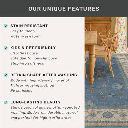 Skiennix Washable 4x6 Area Rug - Stain Resistant Non-Slip Design for Living Room & Kitchen | Light Blue & Aqua Floral Décor