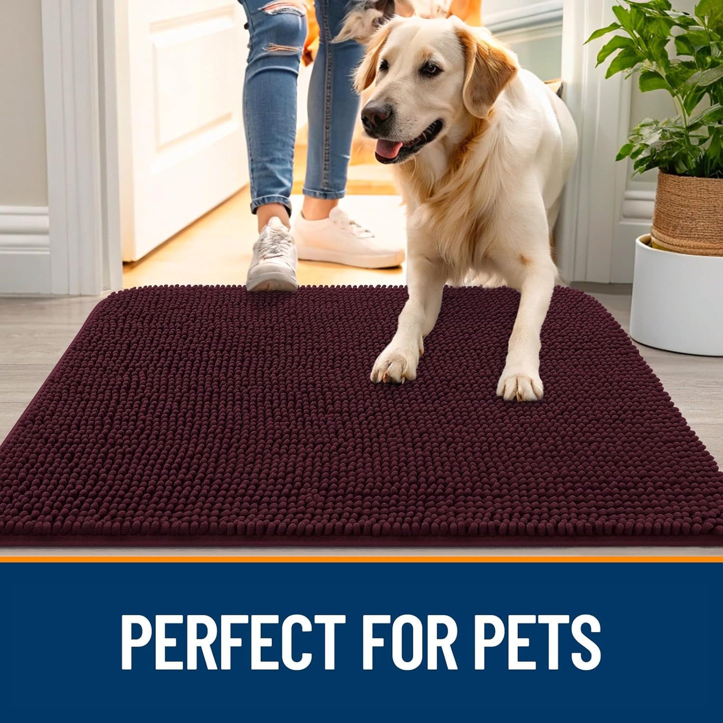 OLANLY Dog Door Mat - Absorbent Non-Slip Chenille Mat for Muddy Paws | 59x32 Inches, Quick Dry, Russet