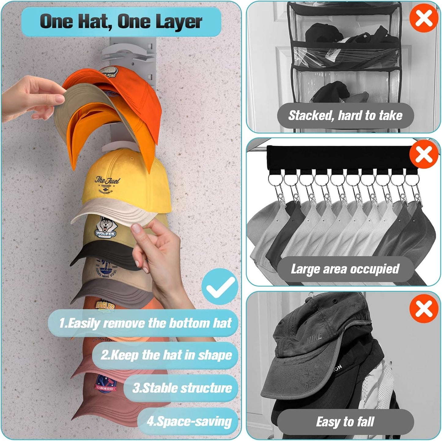 Skiennix Hat Organizer - Wall-Mounted Cap Rack with Strong Adhesive | Holds Up to 20 Hats, Grey