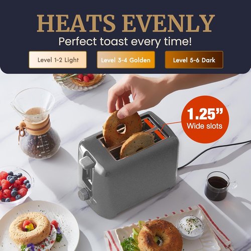 Elite Gourmet Cool-Touch 2-Slice Toaster - 6 Settings & Extra Wide 1.25” Slots | Gunmetal Gray