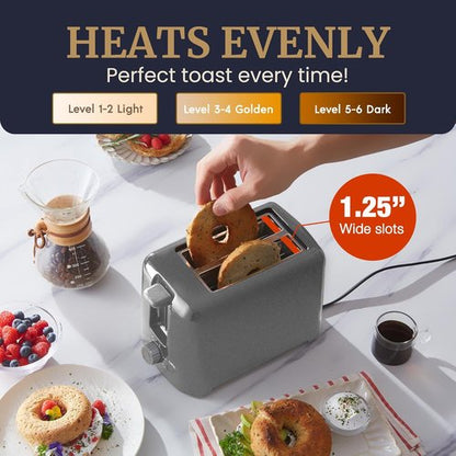 Elite Gourmet Cool-Touch 2-Slice Toaster - 6 Settings & Extra Wide 1.25” Slots | Gunmetal Gray