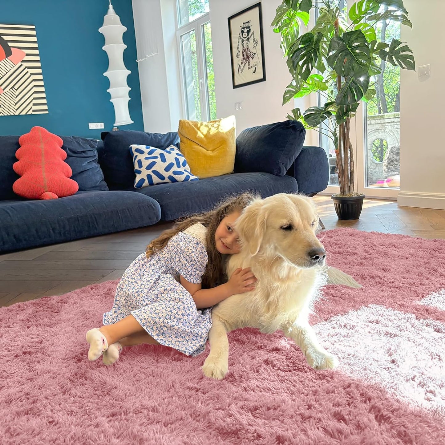 OLANLY Soft Fluffy Shaggy 3x5 Bedside Rug - Machine Washable Indoor Carpet for Kids & Nursery | Pale Pink