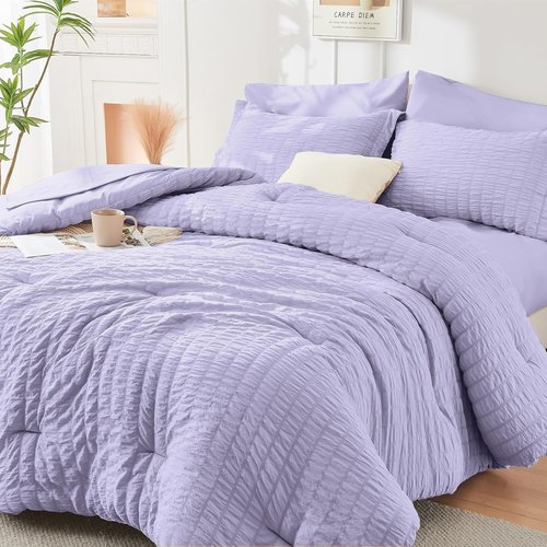HYMOKEGE Comforter Set - Light Purple Seersucker Luxury Bedding | 7-Piece All-Season Bed in a Bag