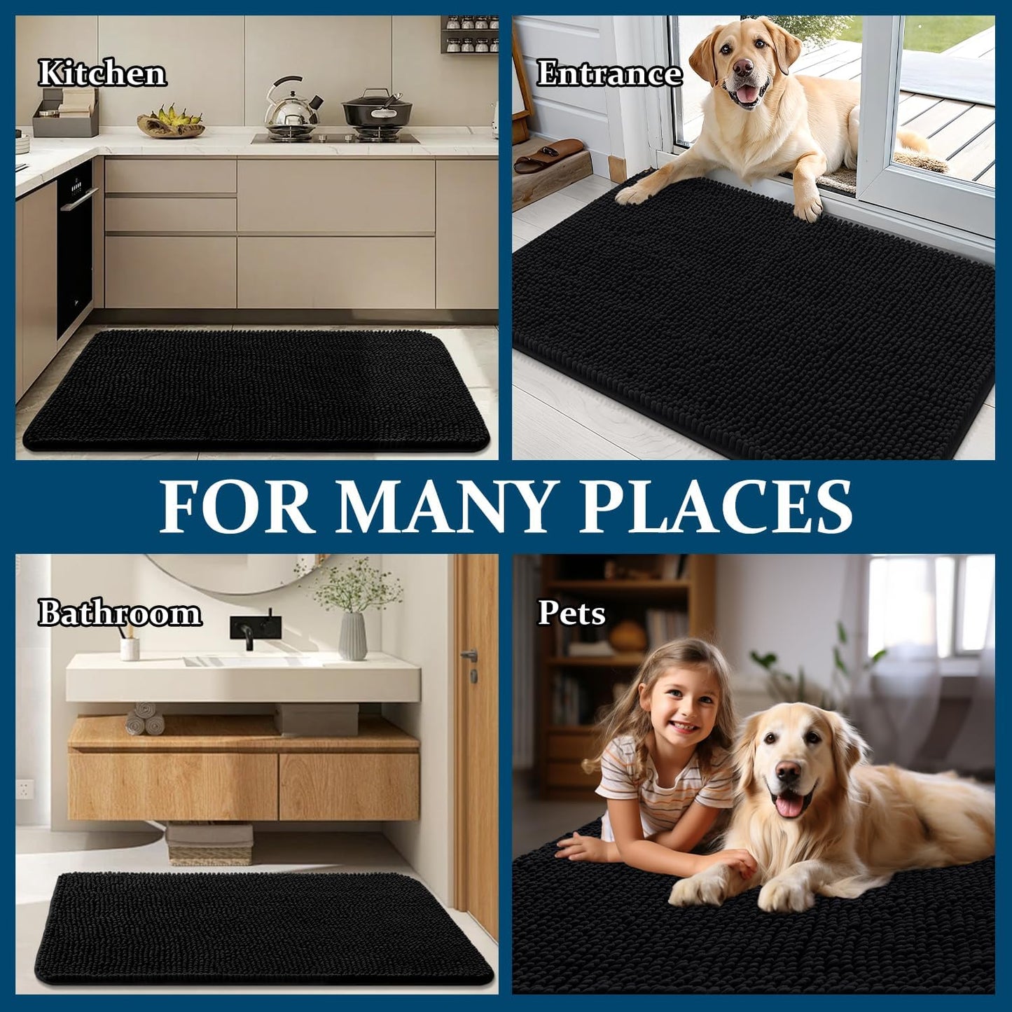OLANLY Dog Door Mat - Absorbent Non-Slip Washable Chenille Mat for Muddy Paws | 50x30 Black