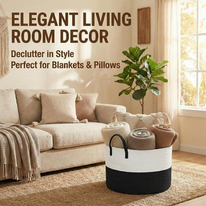 JMvicyroam Extra Large Blanket Basket - Woven Cotton Rope Laundry Hamper with Reinforced Handles | White & Black