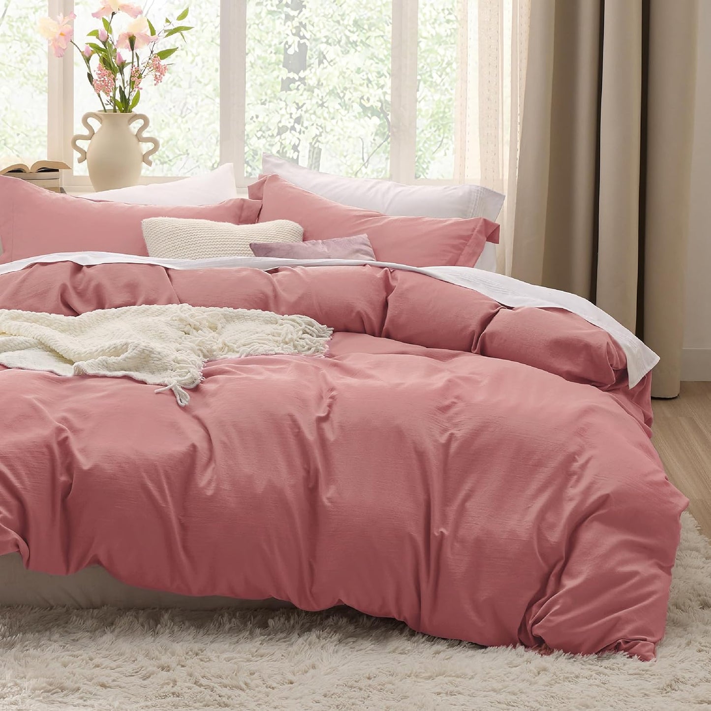 Bedsure Pink Clay Duvet Cover Set | Extra Soft Prewashed Cotton-Like Bedding - Queen Size 3 Pieces (90x90 Inches)