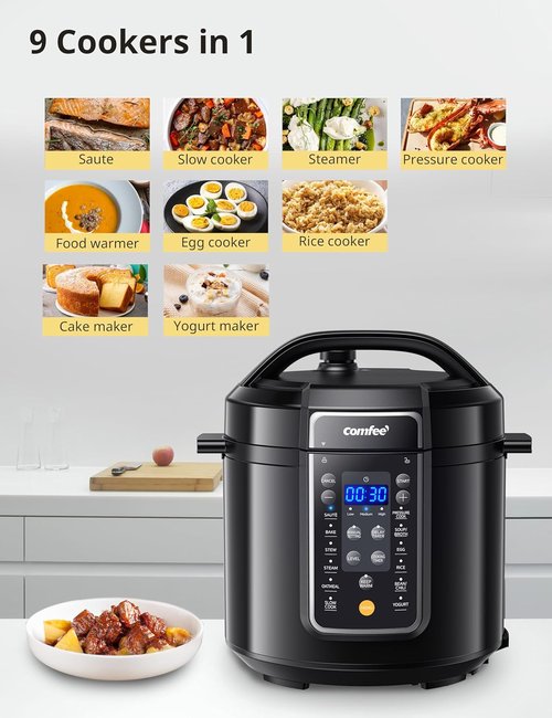 COMFEE’ 12-in-1 Electric Pressure Cooker - Versatile Non-Stick Pot & Yogurt Maker | 6 Quart Black