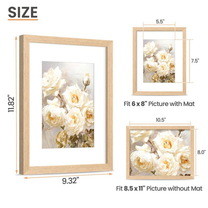 upsimples 8.5 by 11 Picture Frame, Natural Solid Wood Picture Frames, Display 6x8 with Mat or 8.5 x 11 Without, Wall or Tabletop, 1 Pack, Natural
