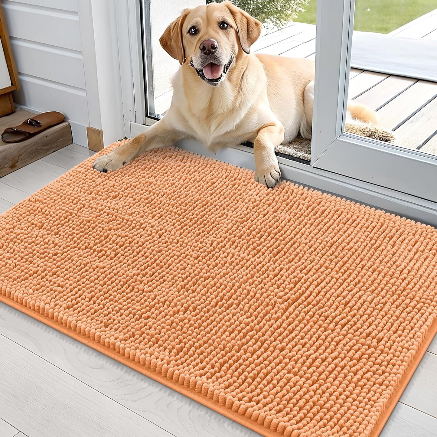 OLANLY Dog Door Mat - Absorbent Non-Slip Washable Doormat for Muddy Paws | 35x24 Inches, Quick Dry Chenille, Orange