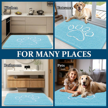 OLANLY Dog Door Mat for Muddy Paws 30x20, Paw Print Design, Absorbs Moisture and Dirt, Absorbent Non-Slip Washable Doormat, Quick Dry Chenille Mud Mat for Dogs, Entry Indoor Entryway Carpet, Blue