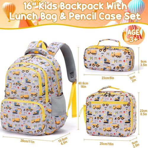 Fimibuke Kids Backpack Set - 3PCS Waterproof School Bag with Lunch Box & Pencil Case | Trucks Design for Ages 3-12