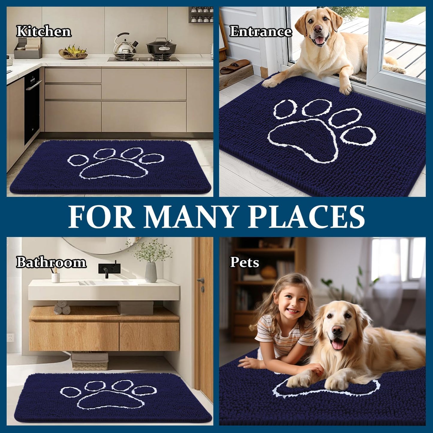 OLANLY Dog Door Mat - Absorbent Non-Slip Mud Mat for Paws | 40x32 Navy Blue Chenille Design