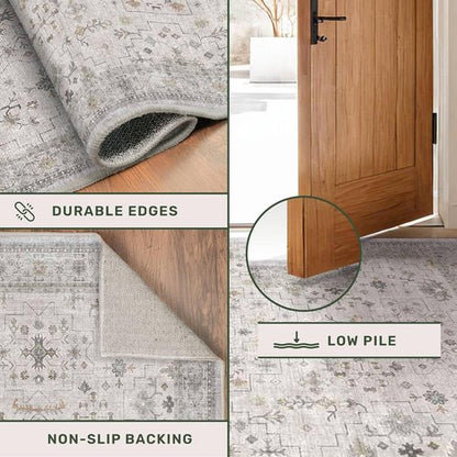 Hazo Haus Kitchen Rug - Light Gray Modern Boho Floral Design | Washable Non-Slip 10 ft Runner