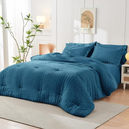 HYMOKEGE Teal Queen Comforter Set Seersucker 7 Pieces, All Season Luxury Bed in a Bag for Bedroom, Bedding Set with Comforters, Sheets, Pillowcases & Shams
