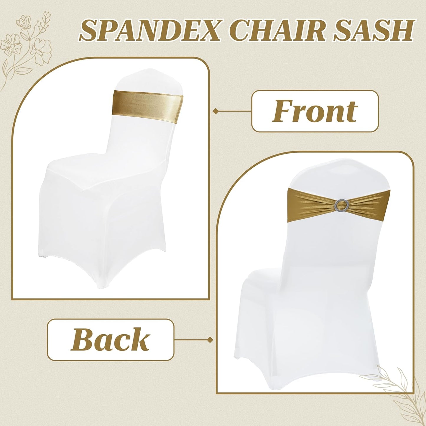 MDS Spandex Foil Chair Sashes - Universal Elastic Stretch Bands with Buckle for Weddings | Metallic Gold, Pack of 50