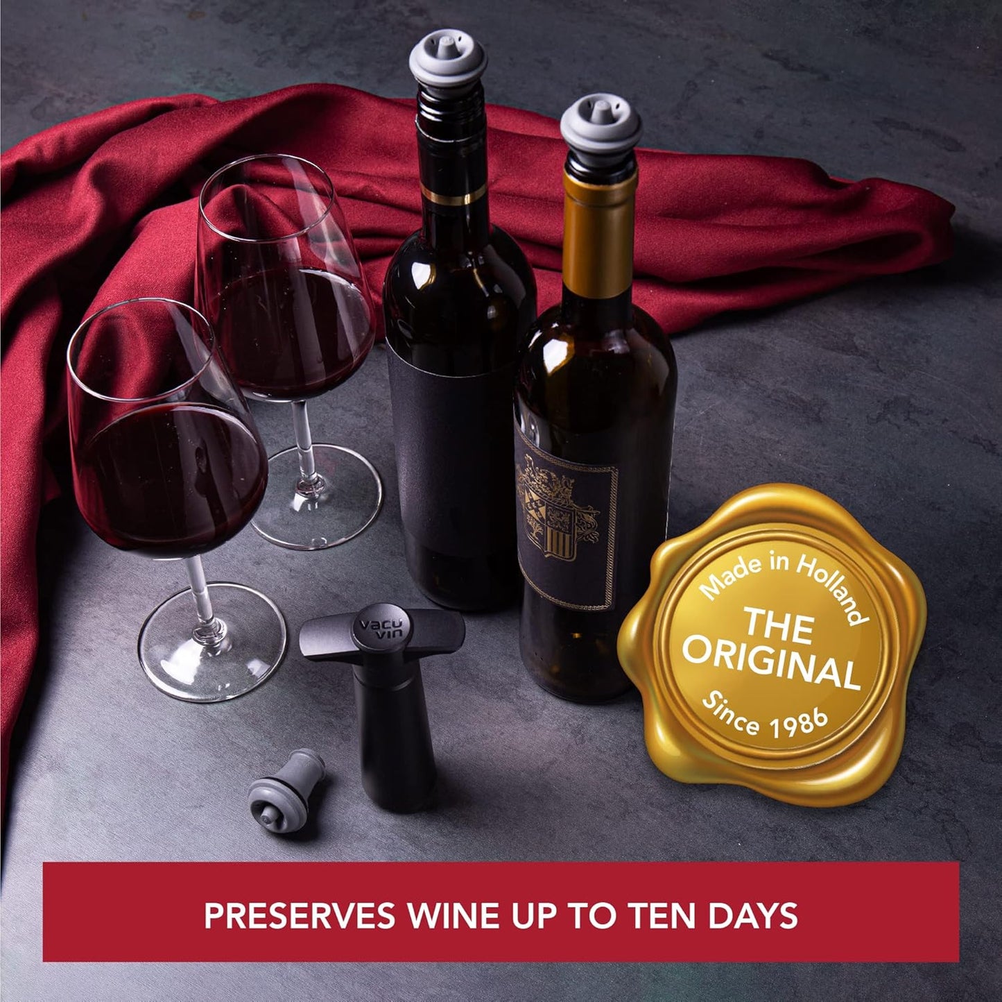 Vacu Vin Wine Stopper Set with Wine Saver Concerto - 6 Stoppers & Concerto Pump for Wine Freshness Up to 7 Days