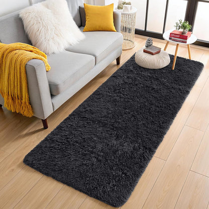 OLANLY 3x12 Machine Washable Runner Rug - Soft Fluffy Shaggy Indoor Carpet for Bedroom & Hallway | Black