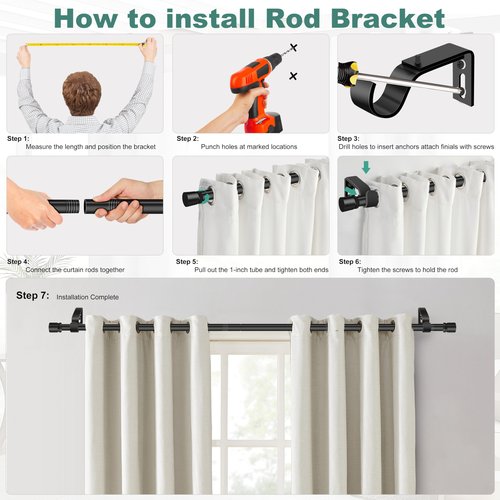 Ottsuls Curtain Rods for Windows, 32 to 46 or 58 Inches Max Adjustable Length, 1 Inch Diameter, Black Decorative Curtain Rod Set, Rustproof Heavy Duty Metal Pole with Brackets