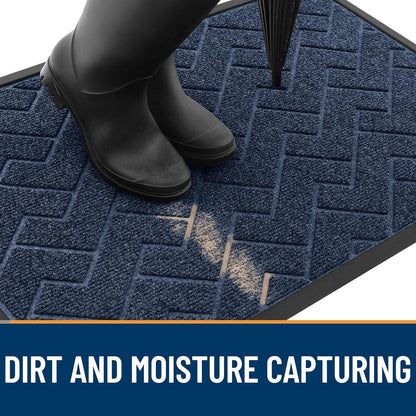 OLANLY Waterproof Front Door Mat - All-Weather Herringbone Design | Easy Clean, Low Profile, Blue (29.5x17)