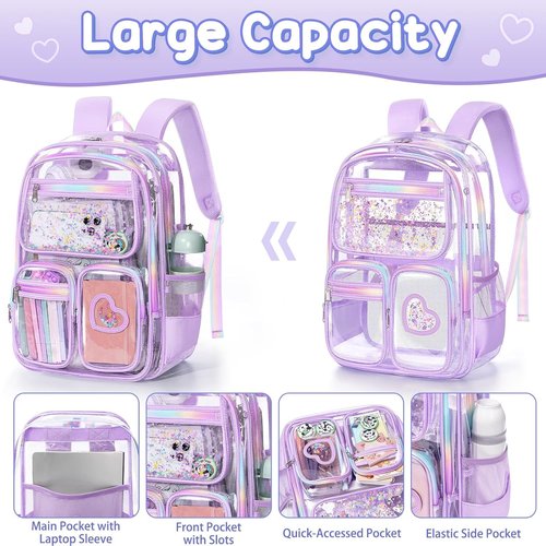 Fimibuke Clear Backpack for Girls - Heavy Duty PVC See-Through Bookbag with Lunch Box & Pencil Case | Pink