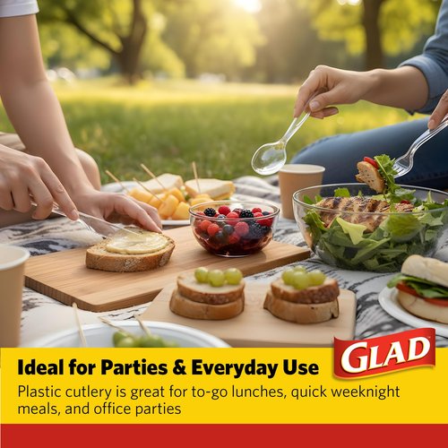 Glad Clear Disposable Cutlery Set with Heavy Duty Plastic Forks, Knives, and Spoons, Reusable Dishwasher Safe Plastic Utensils for Parties and Everyday Use, 24 Count