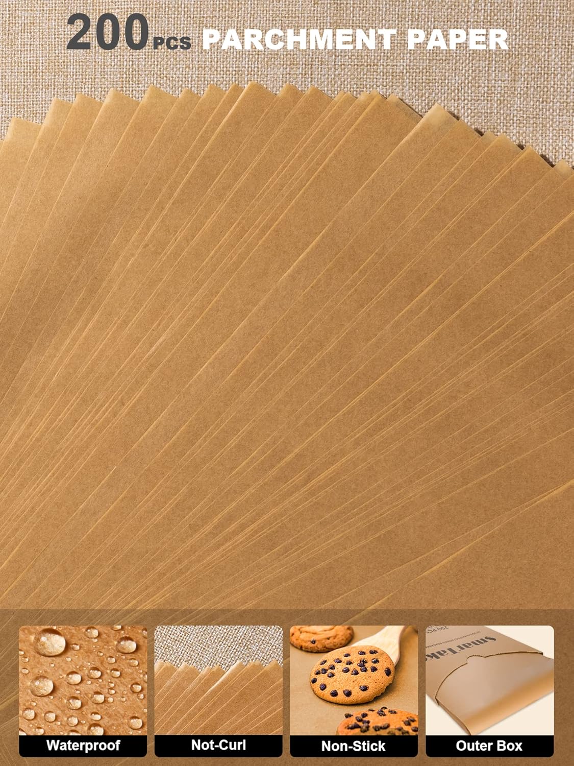 SMARTAKE Unbleached Parchment Paper Bundle - 200 Pcs, 12x16 Inches & 8-Inch Round Pre-Cut Non-Stick