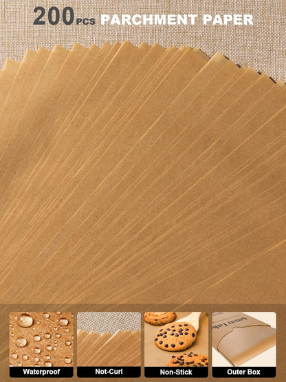 SMARTAKE Unbleached Parchment Paper Bundle - 200 Pcs, 12x16 Inches & 8-Inch Round Pre-Cut Non-Stick