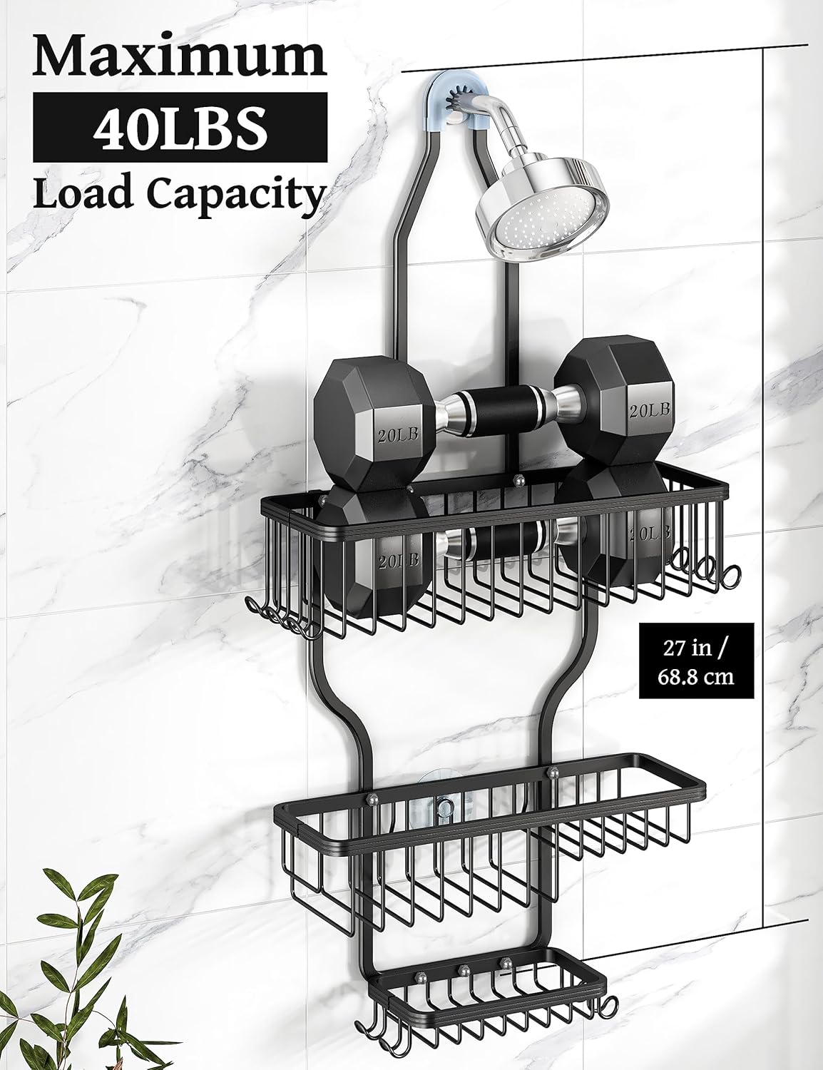 YASONIC Shower Caddy - Large Aluminum Over Shower Head Organizer with 10 Hooks & Soap Basket | Black