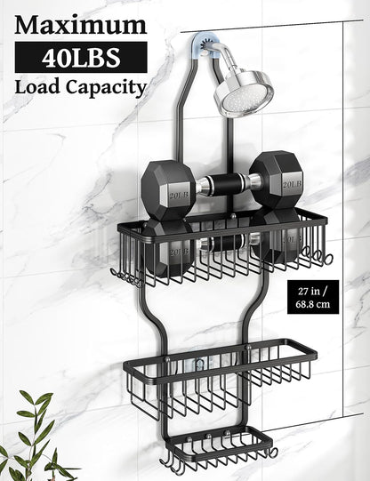 YASONIC Shower Caddy - Large Aluminum Over Shower Head Organizer with 10 Hooks & Soap Basket | Black