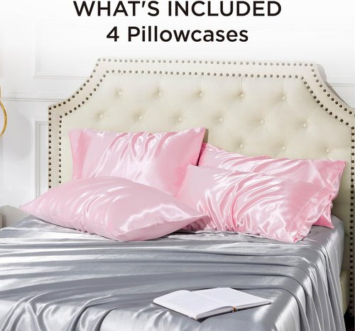 Bedsure Satin Pillowcase - Silky Pink Pillowcases for Hair & Skin | Queen Size 20x30 Inches, 4 Pack