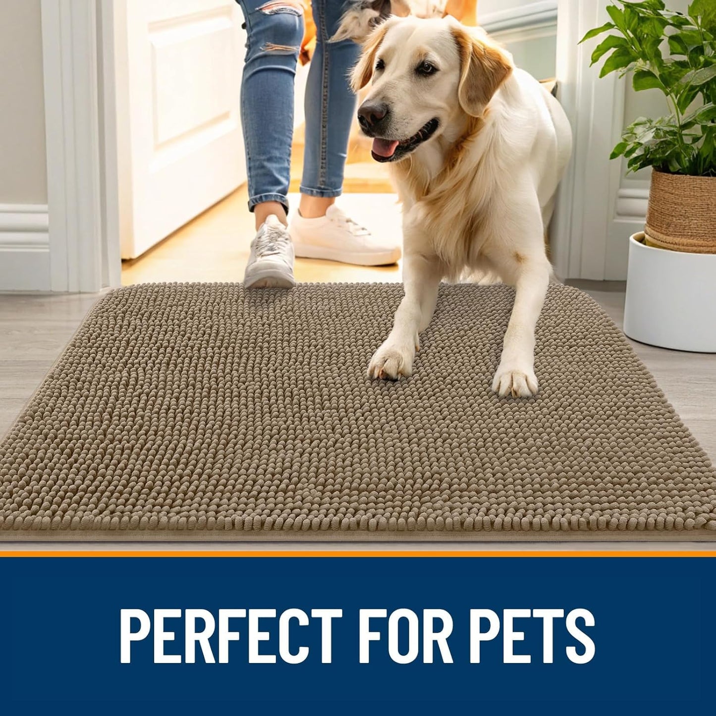 OLANLY Dog Door Mat - Absorbent Non-Slip Chenille Mat for Muddy Paws | 54x24 Inches, Tan Color