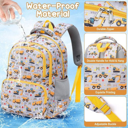 Fimibuke Kids Backpack Set - 3PCS Waterproof School Bag with Lunch Box & Pencil Case | Trucks Design for Ages 3-12