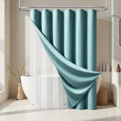 Dynamene Long Shower Curtain and Liner Set - 78 inch Tall Waffle Fabric, Waterproof Clear Liner, Heavy Duty Weighted Hotel Luxury Cloth Shower Curtains for Bathroom with 12 Hooks, 72x78, Teal
