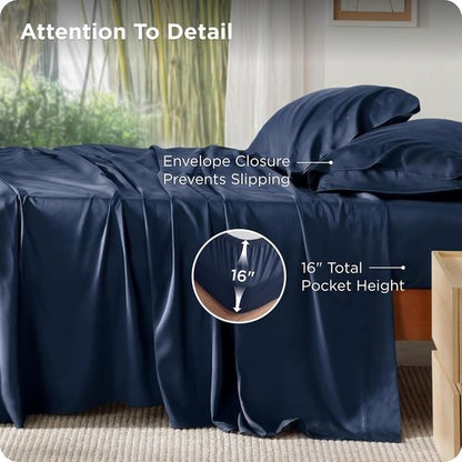 Bedsure King Size Cooling Sheets Set - Breathable Rayon from Bamboo, Soft & Luxurious, Deep Pocket Navy