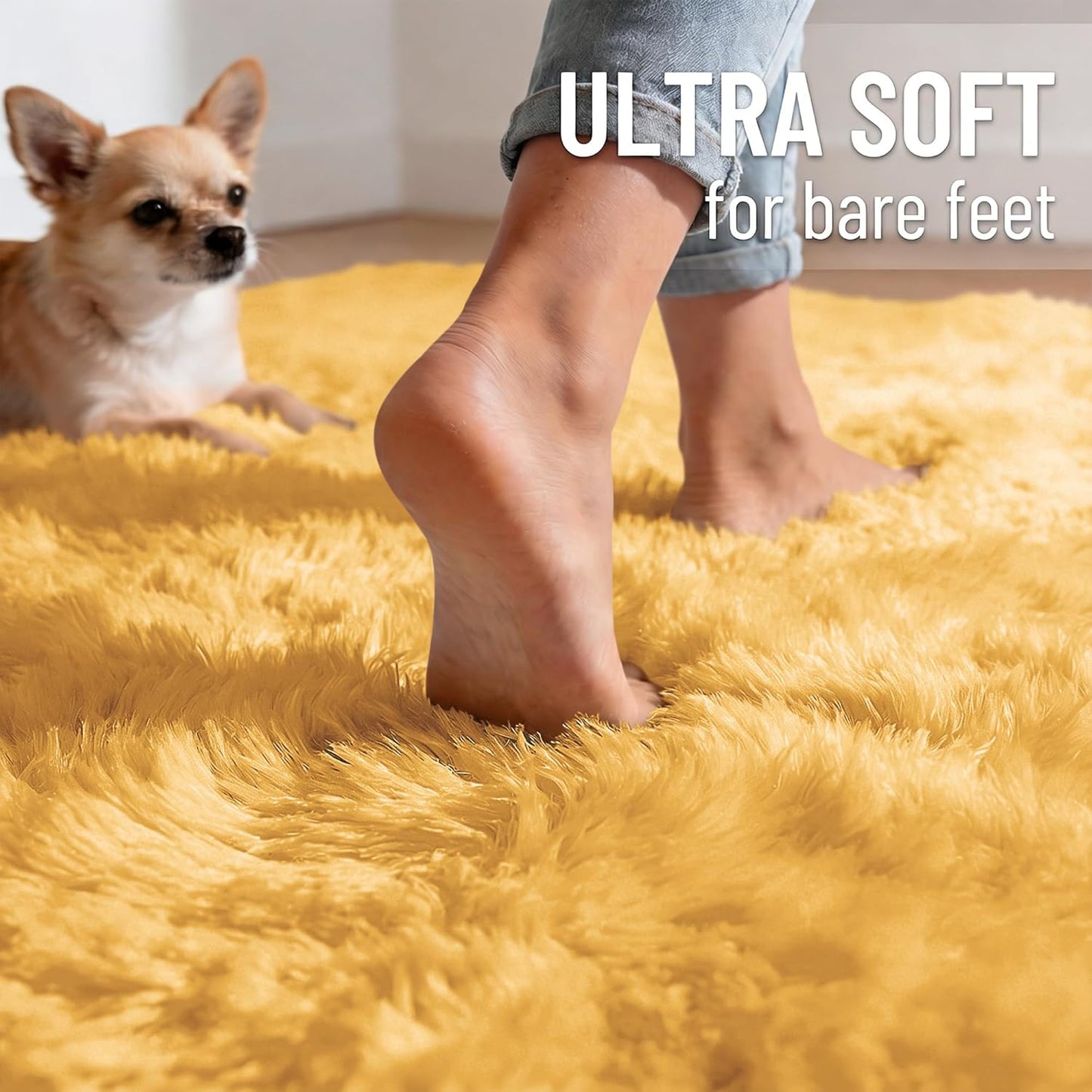 OLANLY Small Bedside Rug - Soft Fluffy Shaggy Throw Rug for Bedroom & Living Room | Mustard Yellow