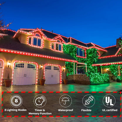 Skiennix 200ft LED Rope Lights - Waterproof, Connectable & Flexible Tube Lighting for Indoor/Outdoor Use | Red & Green