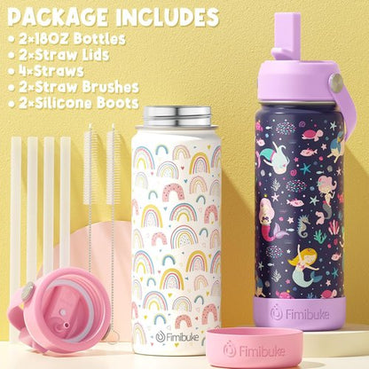 Fimibuke Kids Insulated Water Bottle - 18oz BPA-Free Double Wall Tumbler | Leak-Proof Design, 2 Pack (Dinosaur/Shark)