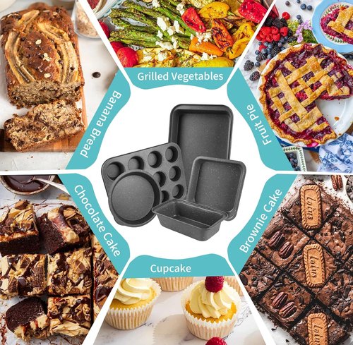 Grey Marble Nonstick Baking Pans Set by [Brand Name] - 5 Piece Stackable Carbon Steel Bakeware with 100 Cupcake Liners for Home Baking