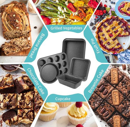 Grey Marble Nonstick Baking Pans Set by [Brand Name] - 5 Piece Stackable Carbon Steel Bakeware with 100 Cupcake Liners for Home Baking