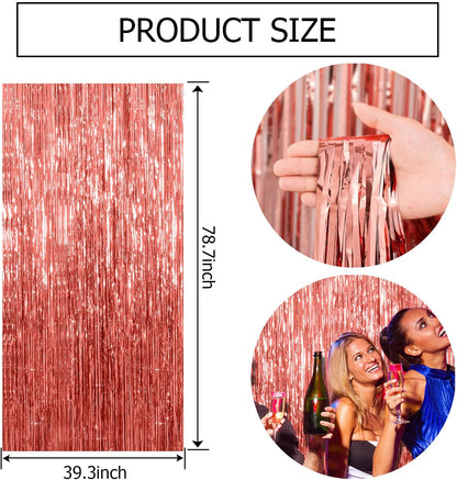 Skiennix Rose Gold Fringe Curtain Backdrop - 10 Pack Metallic Tinsel Streamers for Parties & Events