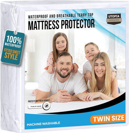 Utopia Bedding Twin Size Mattress Protector - Waterproof Terry Cover, Soft & Breathable, 15" Deep Pockets | White