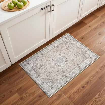 Regine Switzerland Washable 2x3 Entryway Area Rug - Soft Non-Slip Vintage Kitchen Runner in Beige